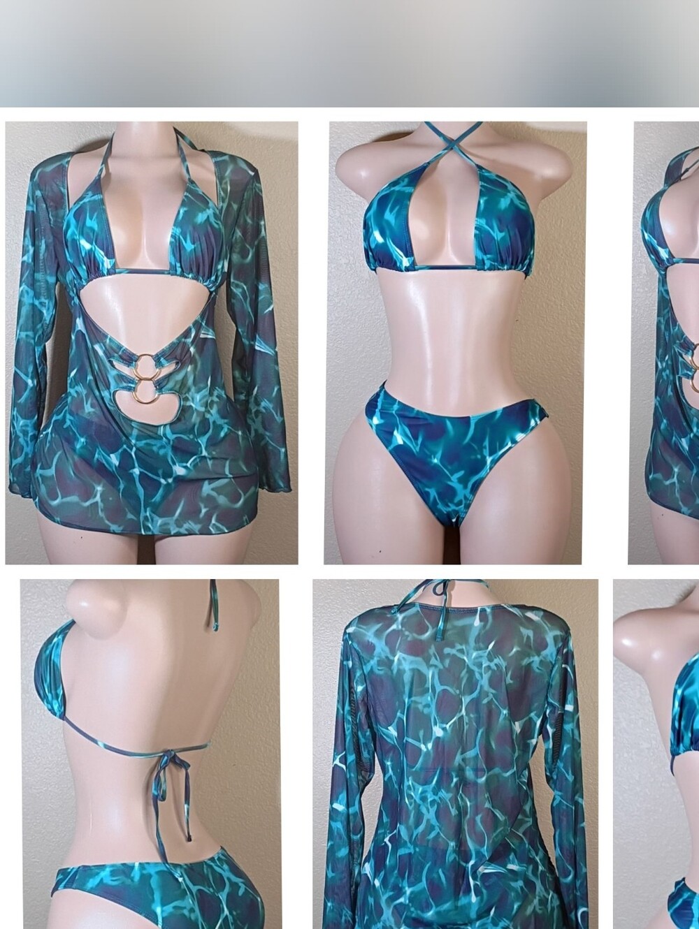 Women’s Teal Water-Print Bikini Set with Sheer Cover-Up